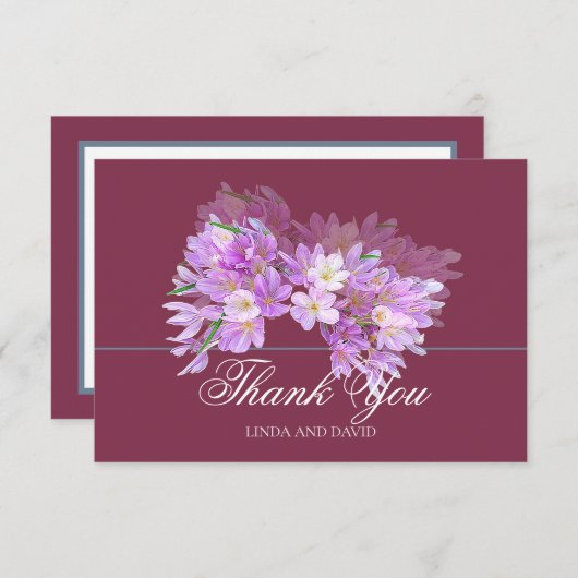 Elegant Modern Pink Purple Crocus Bridal Thank You サンキューカード (正面/裏面)