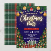 Elegant Modern Plaid Green Christmas Party  招待状 (正面/裏面)