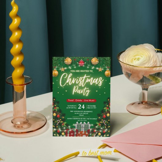 Elegant Modern Plaid Green Christmas Party  招待状