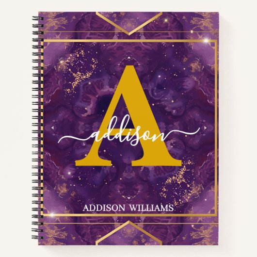 Elegant Modern Purple Gold Glitter Agate Monogram ノートブック (正面)