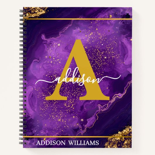Elegant Modern Purple Gold Glitter Agate Monogram ノートブック (正面)