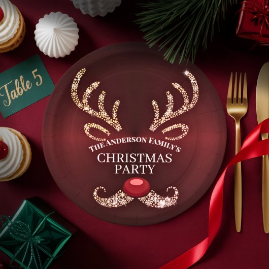 Elegant Modern Red and Gold Reindeer Christmas ペーパープレート