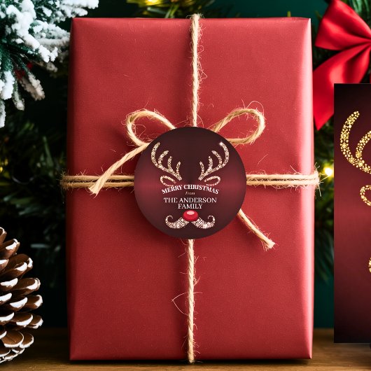 Elegant Modern Red and Gold Reindeer Christmas ラウンドシール