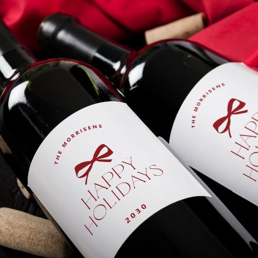 Elegant modern red bow Christmas holiday ワインラベル