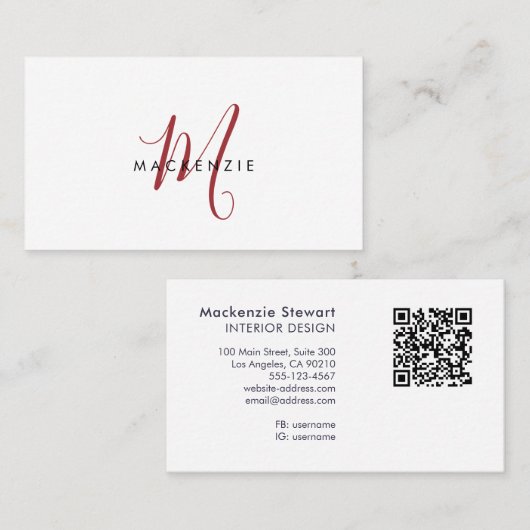 Elegant Modern Red Script Monogram QR Code 名刺 (正面/裏面)