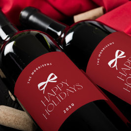 Elegant modern red white bow Christmas holiday ワインラベル