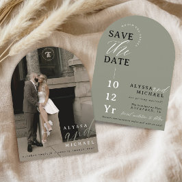 Elegant Modern Sage Green Photo Arch Wedding セーブザデート