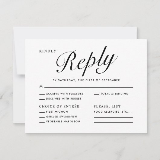 Elegant Modern Script Black White Menu Choice RSVP シーズンカード (正面)