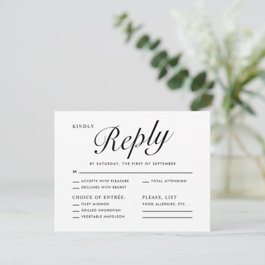Elegant Modern Script Black White Menu Choice RSVP シーズンカード (スタンド正面)