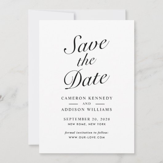 Elegant Modern Script Black + White Save The Date シーズンカード (正面)