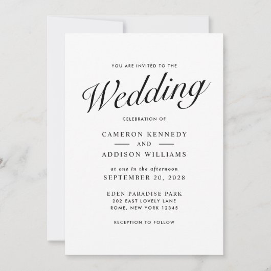 Elegant Modern Script Black + White Wedding Invite シーズンカード (正面)