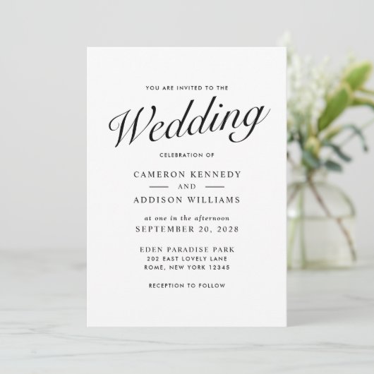 Elegant Modern Script Black + White Wedding Invite シーズンカード (スタンド正面)