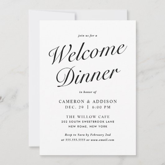 Elegant Modern Script Black + White Welcome Dinner シーズンカード (正面)