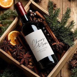 Elegant Modern Script “Cheers to Love” Wedding Win ワインラベル