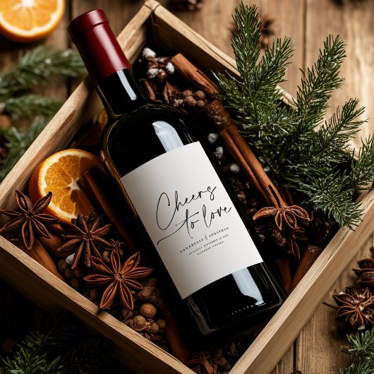 Elegant Modern Script “Cheers to Love” Wedding Win ワインラベル