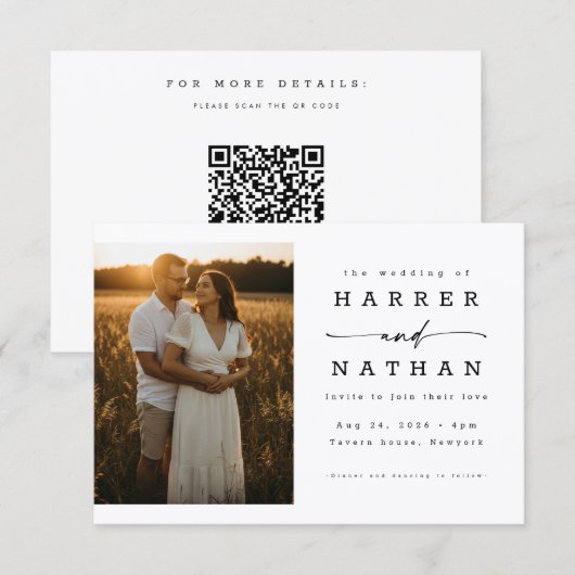 Elegant Modern Script Photo QR Code Wedding 招待状 (正面/裏面)