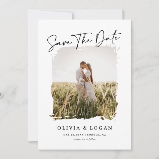 Elegant Modern Script Rustic Photo Frame Wedding セーブザデート (正面)