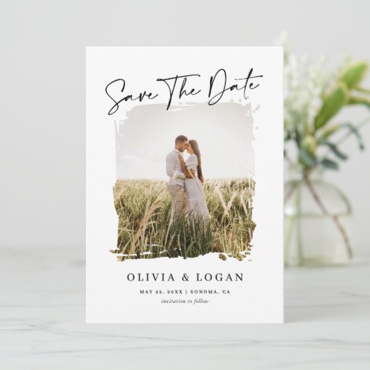 Elegant Modern Script Rustic Photo Frame Wedding セーブザデート (スタンド正面)