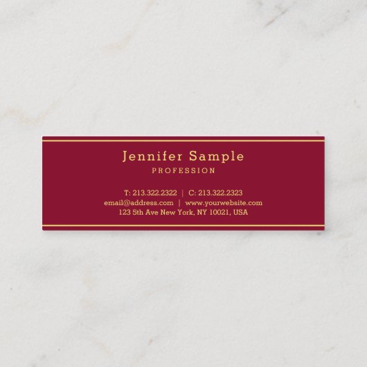 Elegant Modern Sleek Design Gold Text Burgundy Red スキニー名刺 (裏面)