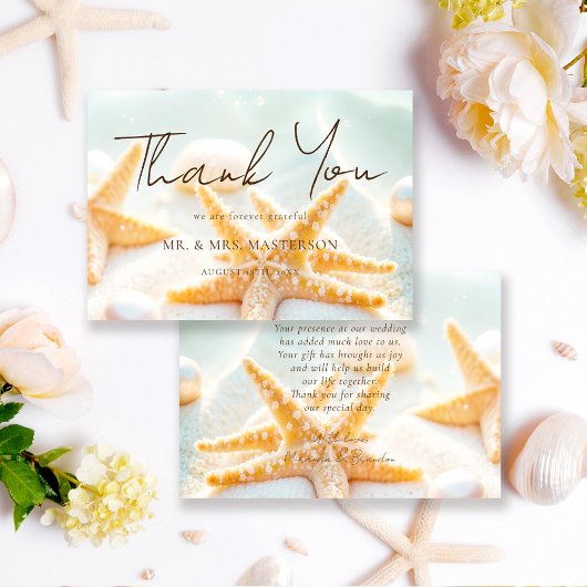 Elegant Modern Starfish Shells Ocean Beach Wedding サンキューカード