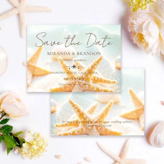Elegant Modern Starfish Shells Ocean Beach Wedding セーブザデート