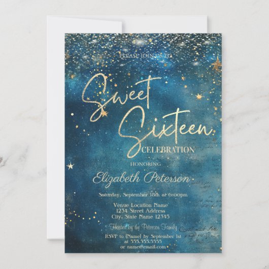 Elegant Modern Stars Blue Sweet 16 招待状 (正面)