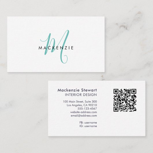 Elegant Modern Teal Script Monogram QR Code Busine 名刺 (正面/裏面)