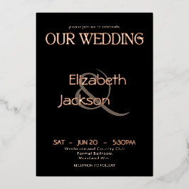 Elegant Modern Typography Black Wedding Rose Gold 箔招待状