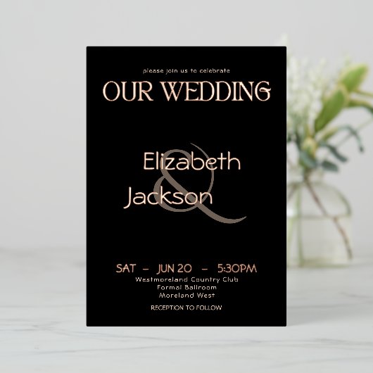 Elegant Modern Typography Black Wedding Rose Gold 箔招待状 (立ち正面)