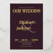 Elegant Modern Typography Plum Noir Wedding Gold 箔招待状 (正面)