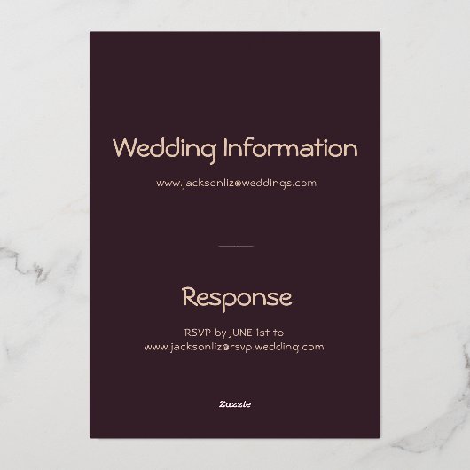 Elegant Modern Typography Plum Noir Wedding Gold 箔招待状 (裏面)