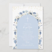 Elegant Modern Watercolor Blue Flowers Baptism 招待状 (正面)