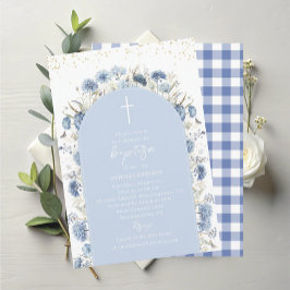 Elegant Modern Watercolor Blue Flowers Baptism 招待状