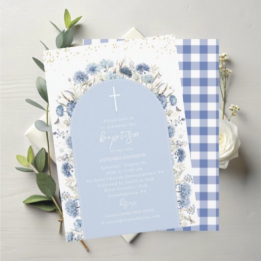 Elegant Modern Watercolor Blue Flowers Baptism 招待状