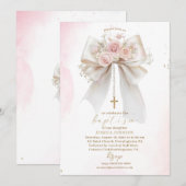 Elegant Modern Watercolor Pink Bow Baptism Cross 招待状 (正面/裏面)