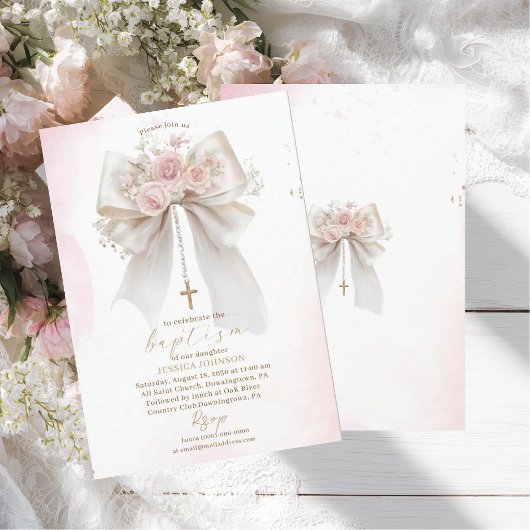 Elegant Modern Watercolor Pink Bow Baptism Cross 招待状