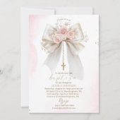 Elegant Modern Watercolor Pink Bow Baptism Cross 招待状 (正面)
