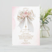 Elegant Modern Watercolor Pink Bow Baptism Cross 招待状 (スタンド正面)