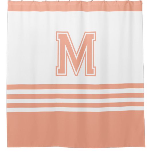 Elegant Modern Whit& Peach Initial Monogram シャワーカーテン (正面)
