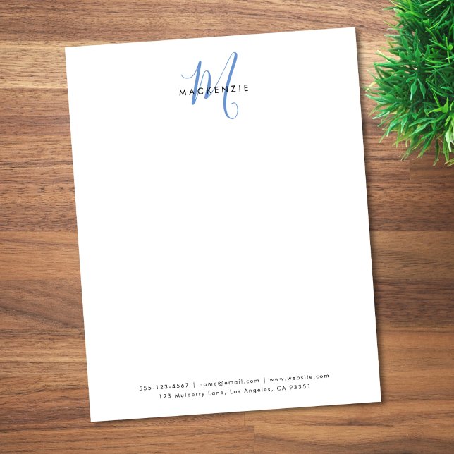 Elegant Modern White Blue Script Monogram レターヘッド (クリエイターアップロード済み)