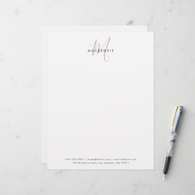 Elegant Modern White Blush Pink Script Monogram レターヘッド (正面/裏面インサイチュ)