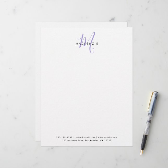 Elegant Modern White Lavender Script Monogram レターヘッド (正面/裏面インサイチュ)