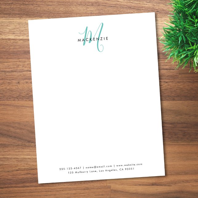 Elegant Modern White Teal Script Monogram レターヘッド (クリエイターアップロード済み)