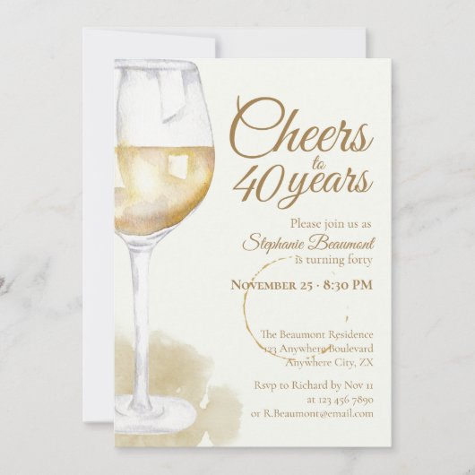 Elegant Modern White Wine Cheers 40th Birthday 招待状 (正面)