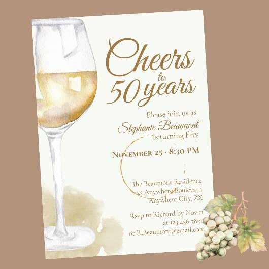 Elegant Modern White Wine Cheers 50th Birthday 招待状