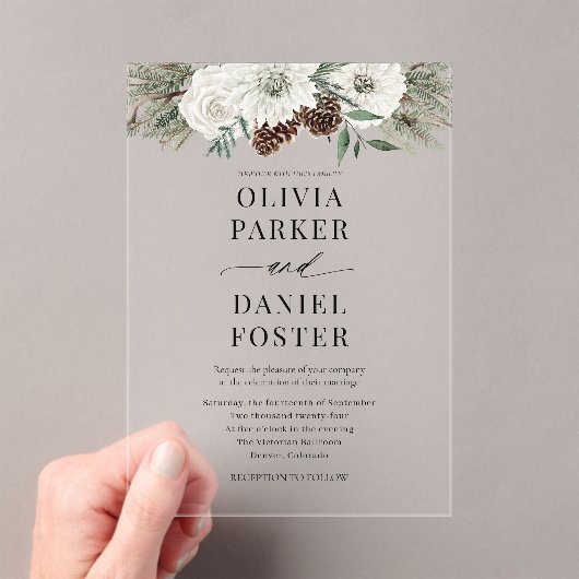 Elegant Modern Winter Evergreen Wedding アクリル招待状 (インサイチュ (ポータブル))