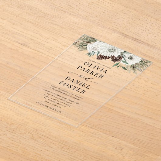 Elegant Modern Winter Evergreen Wedding アクリル招待状 (レイダウン)