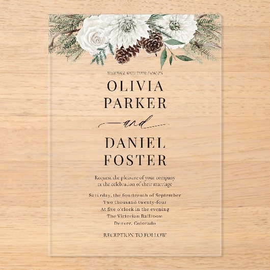 Elegant Modern Winter Evergreen Wedding アクリル招待状 (正面)