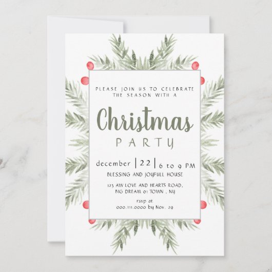 Elegant Modern Winter Greenery Christmas Party 招待状 (正面)