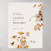 Elegant Modern Woodland Fall Floral Wedding Sign ポスター (正面)